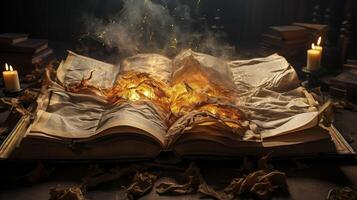 ai generado mundo libro día, fantasía y ocio concepto. 3d estilo ilustración de un muy antiguo magia libro con un fantasía historia adentro. foto