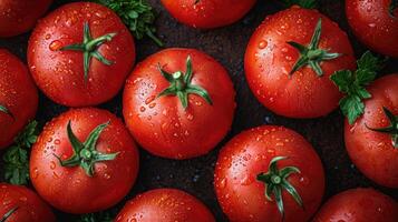 AI generated Tomato background. fresh tomatoes creatively arranged, an artistic layout to showcase color and shape. photo