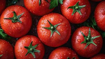 AI generated Tomato background. fresh tomatoes creatively arranged, an artistic layout to showcase color and shape. photo