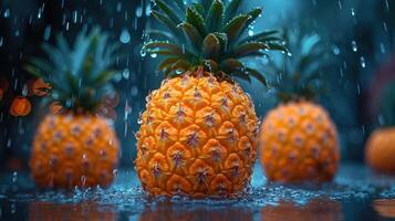 AI generated Tropical Pineapple Paradise - a background showcasing a tropical paradise with a pineapple, capturing the exotic and vibrant essence of the fruit wet with water droplet. photo