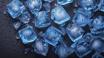 AI generated Pile of sparkling ice cubes on the table. photo