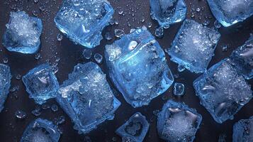 AI generated Pile of sparkling ice cubes on the table. photo