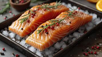 ai generado perfectamente salmón filetes congelado comida fruto de mar. foto