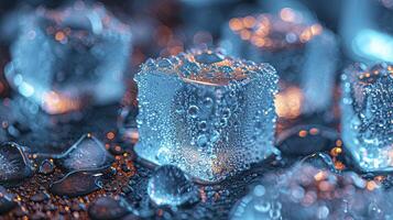 AI generated Close-Up view Sparkling Ice Cubes on the Table photo