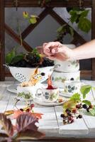 fruit tea with ripe blackberries, vintage still life with beautiful retro set photo