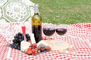 verano picnic en un verde césped con rojo vino, queso y Fresco bayas, uvas foto