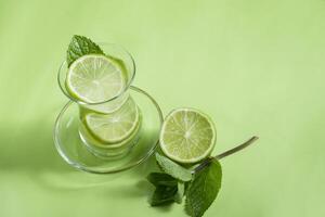 tea with mint and lime, with a calming effect, green still life close-up photo