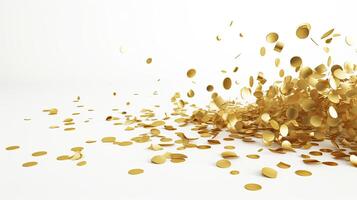 AI generated Swirls of gold confetti falling on a clean white background. 3d rendering illustration. photo