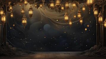 AI generated Ramadan themed background, shiny nipple wall, gold lanterns in the corner, gold particles and small lanterns hanging, Art Nouveau style photo