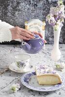 still life with black tea and cheese cake, spring bouquet,delicate lilac flowers photo