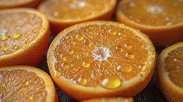 AI generated Close up of fresh oranges slice background wet with water droplet. photo