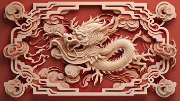 AI generated Chinese New Year theme plain background with dragon sign, typical Chinese frames on each side. luxury style of paper cut art. photo