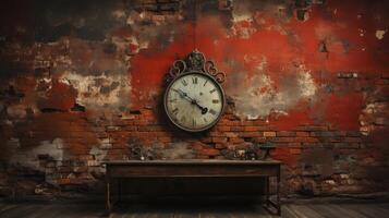 AI generated Industrial backdrop. Empty room with wooden table, classic clock and brick wall behind it. photo