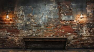 AI generated Industrial backdrop. Empty room with wooden table and brick wall behind it. photo