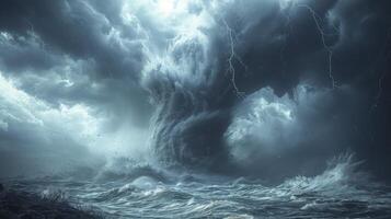 ai generado un misterioso atmósfera con un tornado tormenta en el océano, acompañado por nublado gris nubes cubierta el cielo. foto