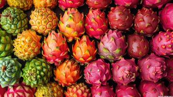 AI generated Pile of dragon fruits. Stunning background with an abundance of whole dragon fruits naturally arranged, captured from above. photo