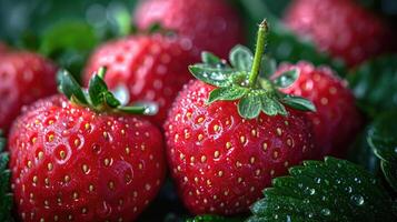AI generated Strawberries background. Red strawberries arranged in a visually pleasing manner, with sparkling water droplets for a tempting appearance, full of frame, fresh vibe. photo