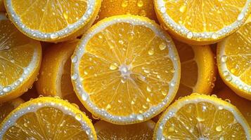 AI generated Pile of lemon slices with fresh water drops. photo