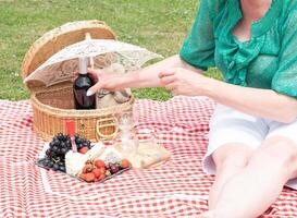 woman in a green blouse sits on a red checkered picnic rug, red wine and chees photo