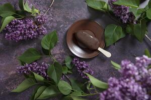 raspberry ice cream in chocolate on a wooden stick on a dark table photo