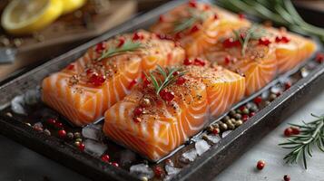 ai generado perfectamente salmón filetes congelado comida fruto de mar. foto