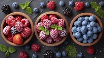 AI generated Frozen Berry Medley Strawberries, Blueberries, frozen berries background. photo