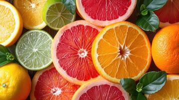 AI generated An elegant background with slices of various citrus fruits like oranges, lemons, and limes arranged artistically for a freshness. photo