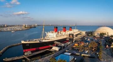 Aerial view of RMS Queen Mary ocean liner, Long Beach, CA. photo