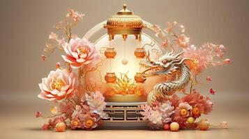 AI generated Happy chinese new year the dragon zodiac sign with flower, lantern, chinese elements. made from resine luxury style. 3d render. photo