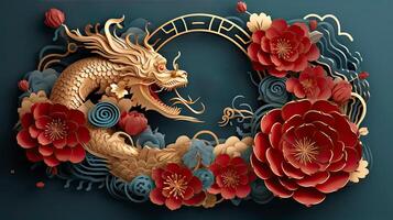 AI generated Flower and dragon paper cut art decoration for Chinese New Year background photo