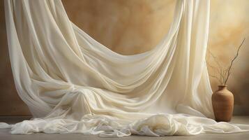 AI generated Messy white silk fabric backdrop with dramatic lighting. photo