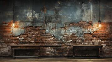 AI generated Industrial backdrop. Empty room with wooden table and brick wall behind it. photo