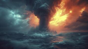 AI generated a tornado storm in the ocean and the silhouette of a volcanic island protruding in the distance. photo