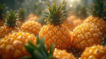 ai generado tropical piña paraíso - un antecedentes exhibiendo un tropical paraíso con un piña, capturar el exótico y vibrante esencia de el Fruta mojado con agua gotita. foto