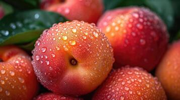 AI generated fresh peaches with water drops background. photo