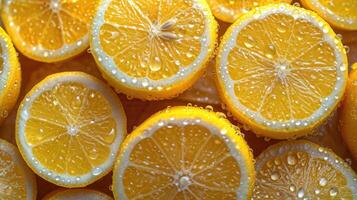 AI generated Pile of lemon slices with fresh water drops. photo