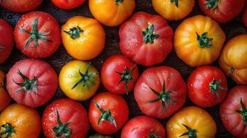 AI generated Tomato background. fresh tomatoes creatively arranged, an artistic layout to showcase color and shape. photo