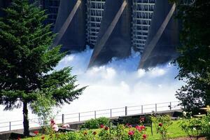 Water spills through the turbines of the  Bonneville Dam photo