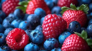 AI generated Mix of berries such as strawberries, blueberries, and raspberries arranged artfully for a burst of color background. photo