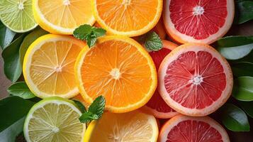 AI generated An elegant background with slices of various citrus fruits like oranges, lemons, and limes arranged artistically for a freshness. photo