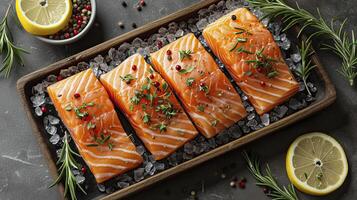 ai generado perfectamente salmón filetes congelado comida fruto de mar. foto