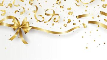 AI generated Golden Tiny Confetti And Streamer Ribbon Falling On White Background. 3d render elegant. photo