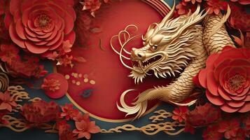 AI generated Happy chinese new year the dragon zodiac sign with flower,lantern,asian elements gold paper cut style. photo