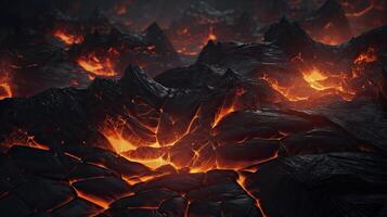 AI generated Dry black lava, there is liquid lava flowing between the many cracks. tense atmosphere in the dark. there was a thin layer of smoke in between. 3D Render illustration photo