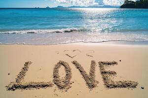 AI generated word love written on beach photo