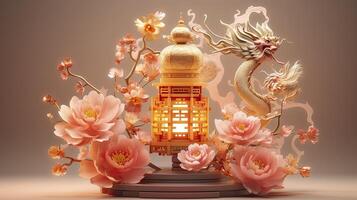 AI generated Happy chinese new year the dragon zodiac sign with flower, lantern, chinese elements. made from resine luxury style. 3d render. photo