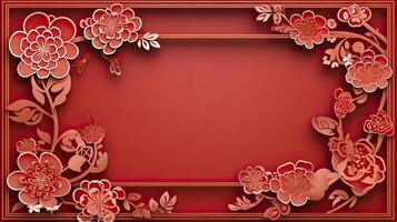 AI generated plain background with Chinese New Year theme with typical Chinese frames on each side. realistic style of paper cut art. photo