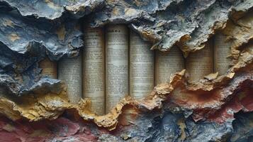 ai generado pila de antiguo pergamino papel y Clásico textura antecedentes de antiguo dañado libros. foto