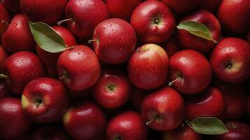 AI generated Red apples background, wet with water droplets, are piled into a large container and photographed from above. photo