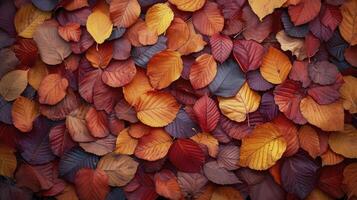 AI generated Pile of colorful autumn leaves on the ground. Autumn background. photo